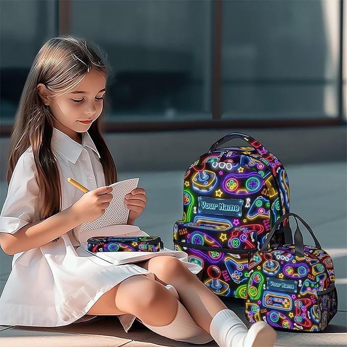 COZYAURA Kids Personalized Backpack - Large Bags with Lunch Bag Set - Cool Gamer Bookbag for Middle School & Travel - Kid School Supplies