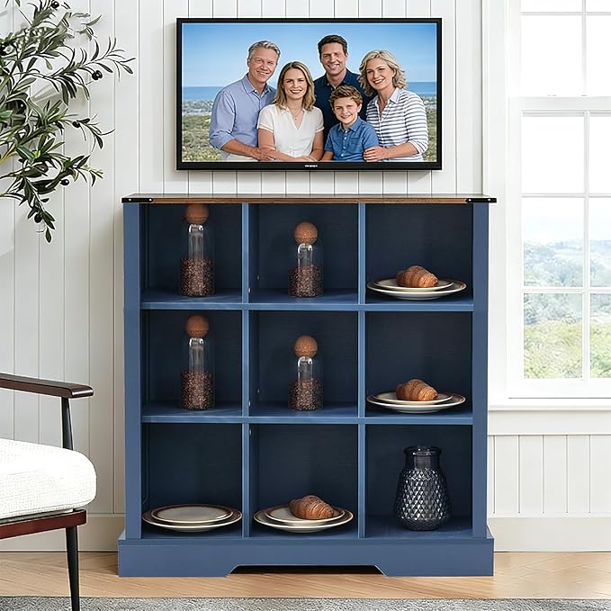 Puntogen 9 Cube Storage Organizer, Wood Cube Bookshelf with LED Lights, Horizontal Storage Cubes, Kids Bookshelf, Display Cabinet Cubby Shelf for Living Room Home Office Bedroom，Navy Blue