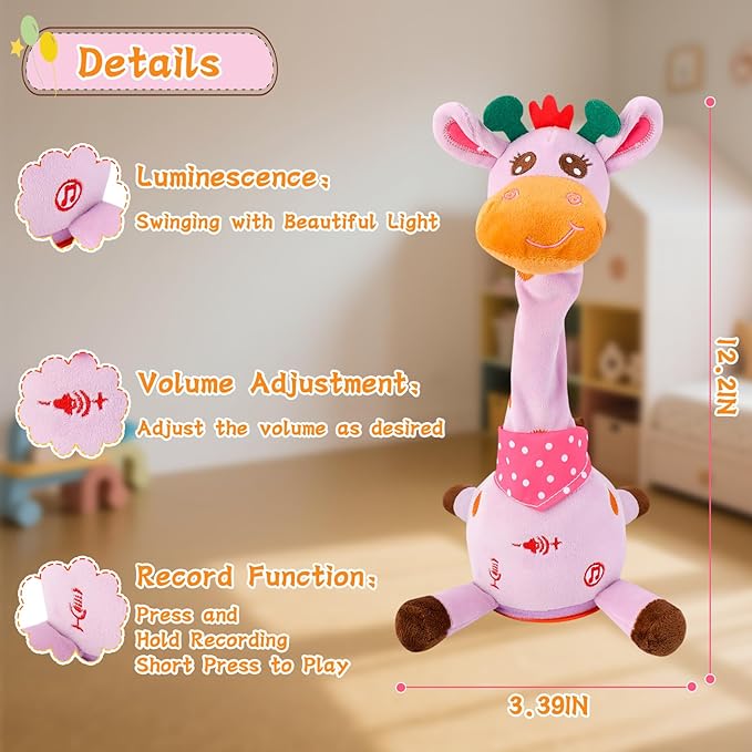 Dancing Talking Giraffe Toy, Stuffed Animal Baby Toy Repeating What You Say, Glowing Musical Electronic Giraffe Gifts for Toddlers 1-3 Years Old (Purple Giraffe)