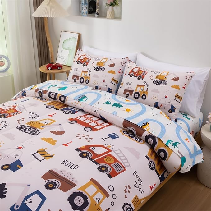 NTBED 5 Pieces Construction Twin Comforter Set for Boys Kids Fire Truck Vehicles Excavator Lightweight Microfiber Bedding Sets