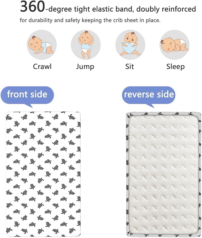 Sea Turtle Themed Fitted Mini Crib Sheets,Portable Mini Crib Sheets Soft & Stretchy Fitted Crib Sheet-Baby Sheet for Boys Girls,24“ x38“,Charcoal Grey White