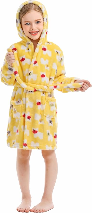 Toddler Robes Cute Pattern Bathrobe Unisex Kids Robe Baby Flannel Hoodie Pajamas Sleepwear