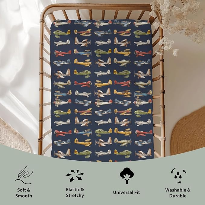 Vintage Planes Airplanes Helicopters Baby Crib Sheets Boy Girl 28"x52" Navy Plane Models Aircraft Soft Stretchy Fitted Crib Mattress Cover Baby Sheet for Standard Crib & Toddler Mattress Pad