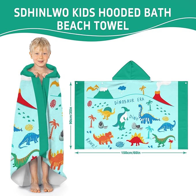 Thickened Hooded Towels for Kids Suitable Girls Boys Kids Bath Towels, 35"x60" Super Absorbent, Dinosaur Cute Cartoon Toddler Towels Multi-Purpose for Beach, Pool and Bathroom