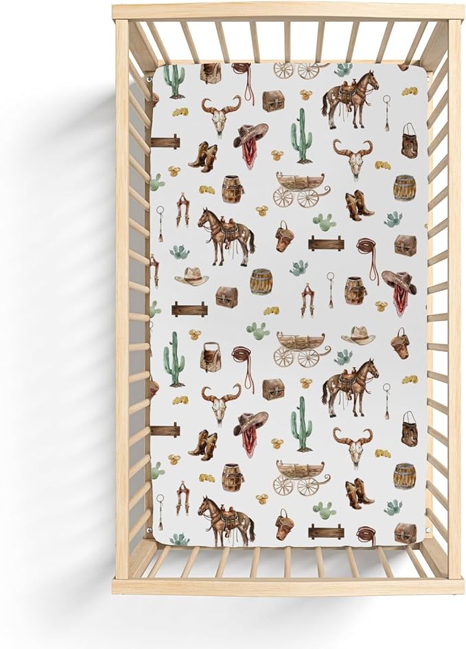 Western Cowboy Baby Crib Sheets for Boy 52"x28" Cowboys Horse Boots Hats Golds Cactus Soft Snug Fitted Crib Mattress Cover Wild West Cowboy Life Baby Sheet for Standard Crib & Toddler Bed Mattress