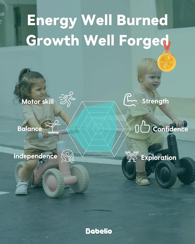 BABELIO Baby Balance Bike for 1 Year Old Boys Girls, 10-36 Month Toddler Balance Bike, 4-Wheel Off-Roader Design, Adjustable Seat & Handlebar - Black