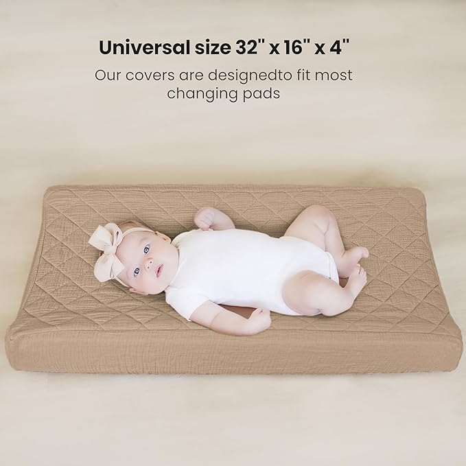 Konssy Waterproof Muslin Changing Pad Cover 2 Pack, Quilted Cotton Fitted Diaper Chang Table Cover, Soft Changing Pad Sheets for Girls Boys (Camel,Sun)