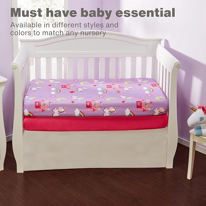 EVERYDAY KIDS 2 Pack Fitted Girls Crib Sheet, 100% Soft Breathable Microfiber, Baby Sheet, Fits Standard Size Crib Mattress 28in x 52in, Nursery Sheet - Unicorns/Hot Pink