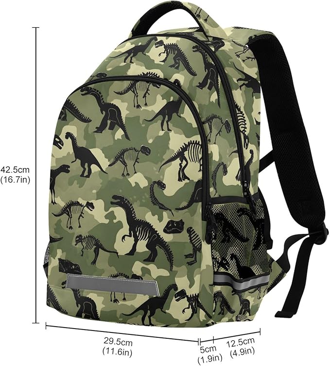MNSRUU School Backpack with Chest Strap, Dinosaur Camouflage Pattern Laptop Backpack, Travel Hiking Backpack for Boys Girls, Rucksack, Knapsack