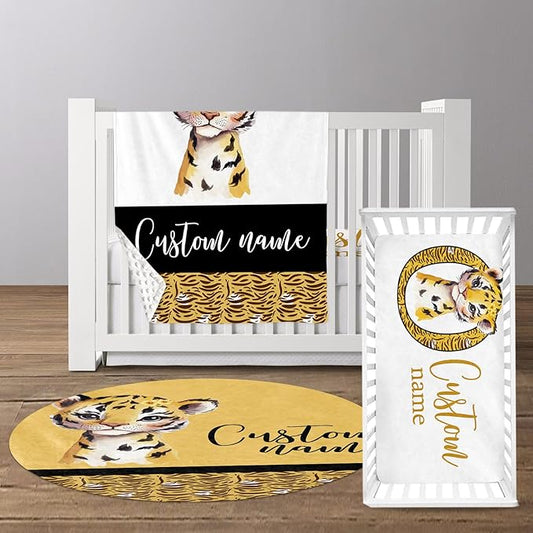 Custom Baby Crib Bedding Set, Personalized Name Tiger Design Crib Set 3 Pcs, Soft Double Layer Blanket, Crib Sheet & Room Rug, Ideal Nursery Decor Gift for Baby Girls Boys