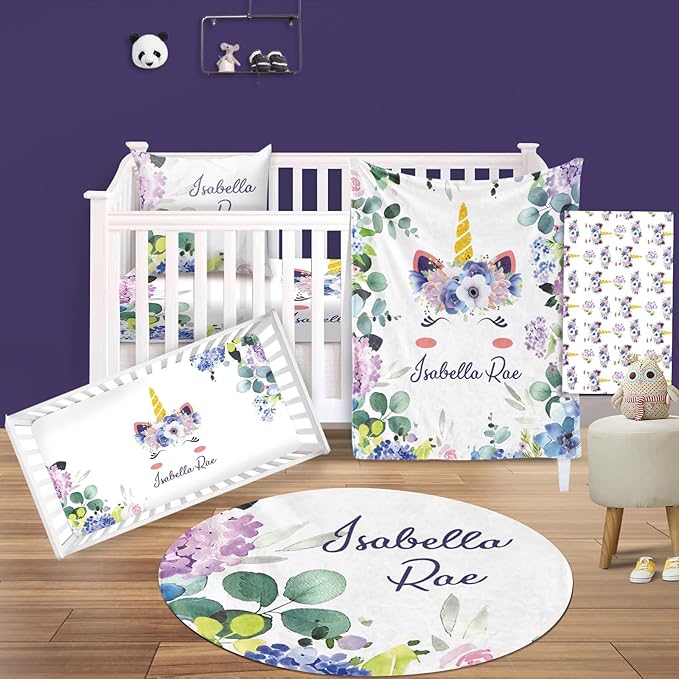 Custom Nursery Crib Bedding Set: Personalized Nursery Decor Baby Blanket Fitted Crib Sheet Changing Pad Cover Baby Room Rug Horn Leaves Pattern Gift Idea(Fixed Size)