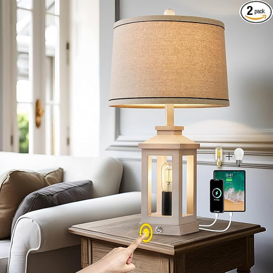 G-SAFAVA 23.75" Retro Farmhouse USB C+A Ports Table Lamp with 3 Way Dimmable Touch Control White Nightlight Vintage Modern Lamp for Living Room Bedroom with 2 Light Sources