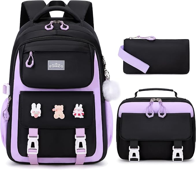 DIGOBAY 3PCS Girls Backpack for School, Kids Backpack for Girls with Lunch Box Pencil Case Set for Teen Girl Elementary Primary Middle High College School Bookbag with Cute Pins (Black-Purple)