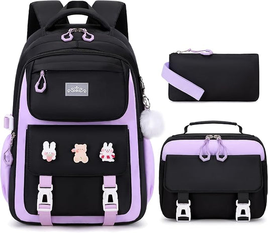 DIGOBAY 3PCS Girls Backpack for School, Kids Backpack for Girls with Lunch Box Pencil Case Set for Teen Girl Elementary Primary Middle High College School Bookbag with Cute Pins (Black-Purple)