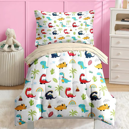 Nesker 4 Pcs Comforter Set Toddler Size, Cute Cartoon Dinosaur Bedding for Kids Teen, Colorful Dino Bed Sheet with Pillowcase & Sham