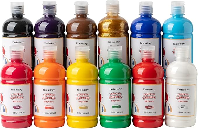 Fantastory Tempera Paint for Kids 12 Colors (16.9 oz Each) Washable Tempera Paint, Kids Poster Paint Sponge Painting, Non-Toxic Kids Paint Finger Paints Hand Paints Bottles Gifts