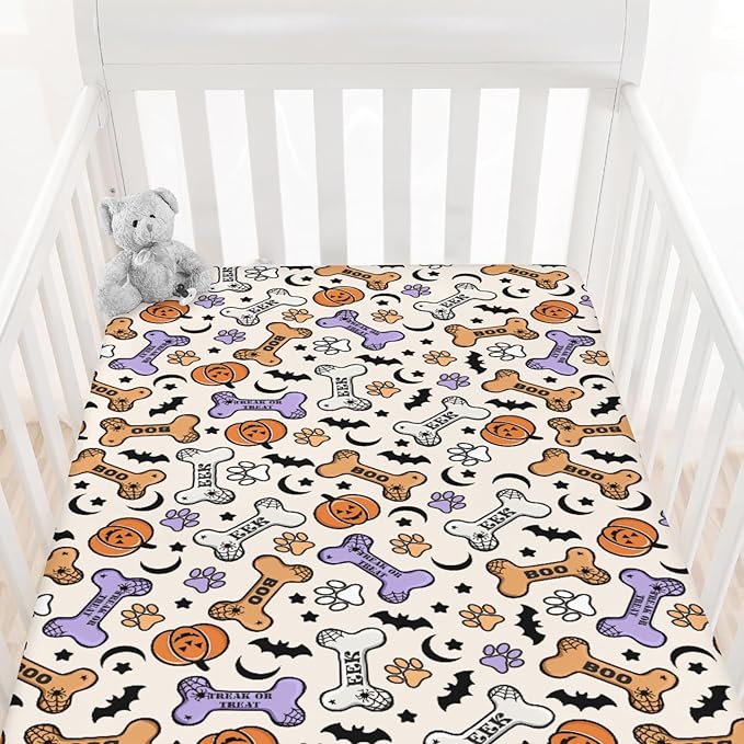 Cute Halloween Dog Paws Baby Crib Sheets Halloween Pumpkin Bone Bats Soft Baby Sheets Fitted Crib Mattress Cover Dog Lover Gift for Standard Crib Mattress 52"x28"