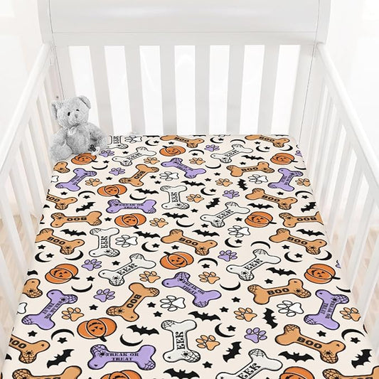 Cute Halloween Dog Paws Baby Crib Sheets Halloween Pumpkin Bone Bats Soft Baby Sheets Fitted Crib Mattress Cover Dog Lover Gift for Standard Crib Mattress 52"x28"