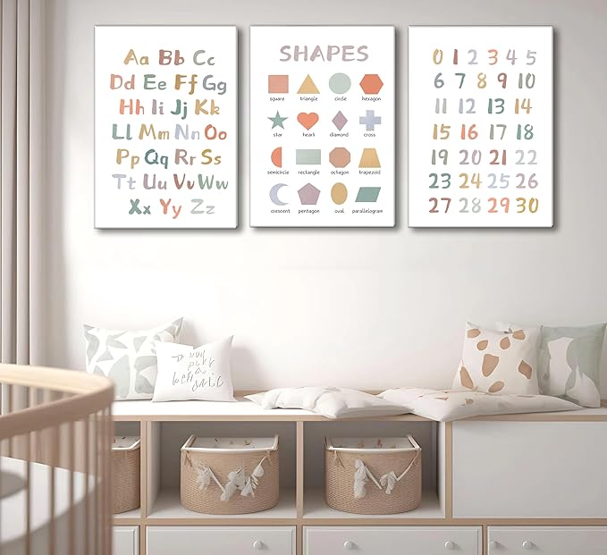 3Pcs Kids Playroom Wall Art Decor Toddler Room Decor ABC Nursery Artwall Shapes Canvas Wall Art 123 Poster Print Decoration for Classroom Toddler Kids Nursery Bedroom