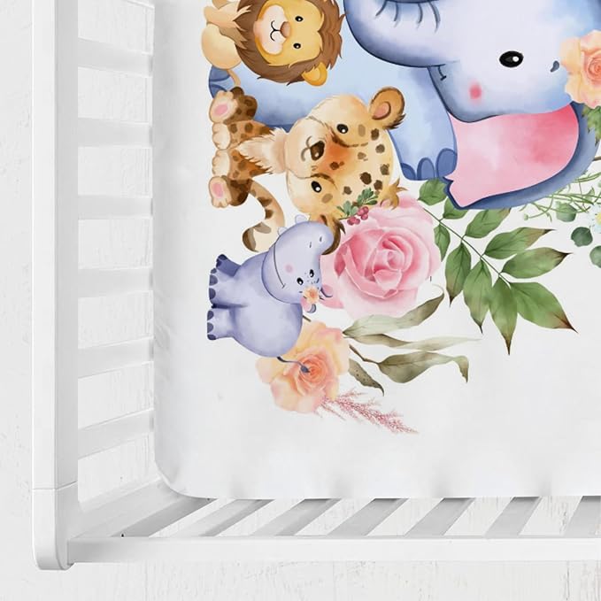 Baby Jungle Safari Animals Tropical Leaves Flowers Baby Crib Sheets 52''x28'' Stretchy Fitted Crib Mattress Sheet for Boy Girl Nursery Baby Crib Sheets for Standard Crib and Toddler Mattress