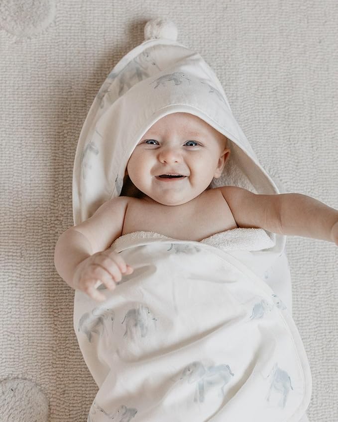 PEHR Hooded Towel, Follow Me Elephant | Absorbent French Terry & Soft Brushed 100% Cotton | 30” x 30”