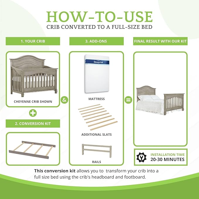 Full-Size Conversion Kit Bed Rails for Evolur Cribs - Solid Wood Crib Convertible Kit to Kids Bed - Transitional Style Rails & Easy-to-Install Child Essentials for Safety (Vintage Grey)