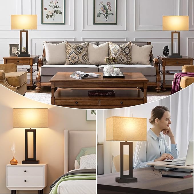 Modern 22" Tall Bedside Lamps for Night Stands - Touch 3 Way Dimmable Bedroom Lamps (Set of 2) with USB C+A (Beige & Black)