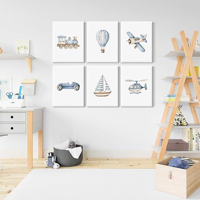 Baby Boy Nursery Wall Art Transportation Blue Car Canvas Prints Vintage Toddler Vehicle Pictures Decor Hot Air Balloon Airplane Nursery Poster for Kids Boys Room Bedroom 12x16x6 Inch Wrapped Canvas