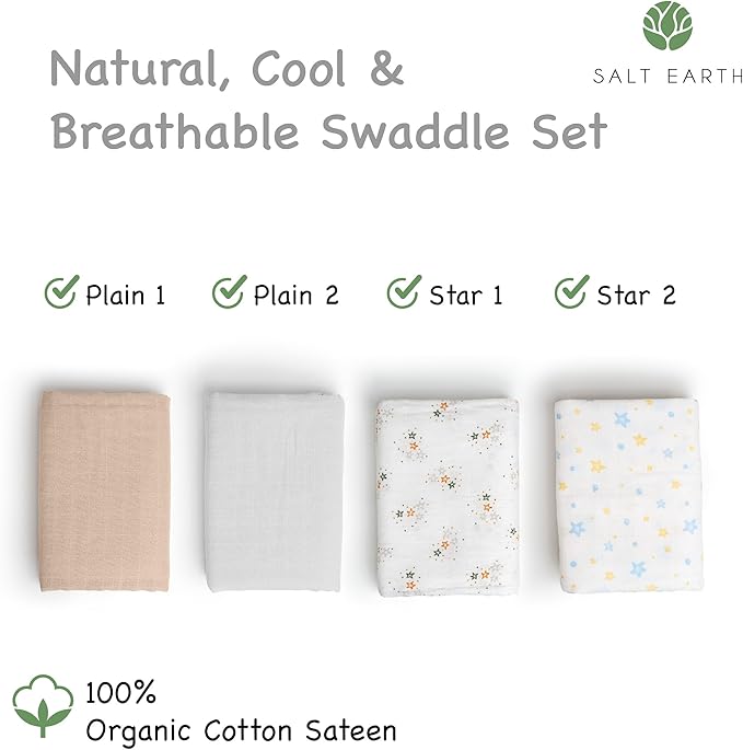 Salt Earth GOTS Certified 100% Organic Cotton 2-Layered Swaddle Baby Blanket, 4 Pack, 47"x 47" Receiving Blankets for Swaddling, Wrap for Boy & Girl, Newborn Baby Essentials, Registry (Solids & Stars)