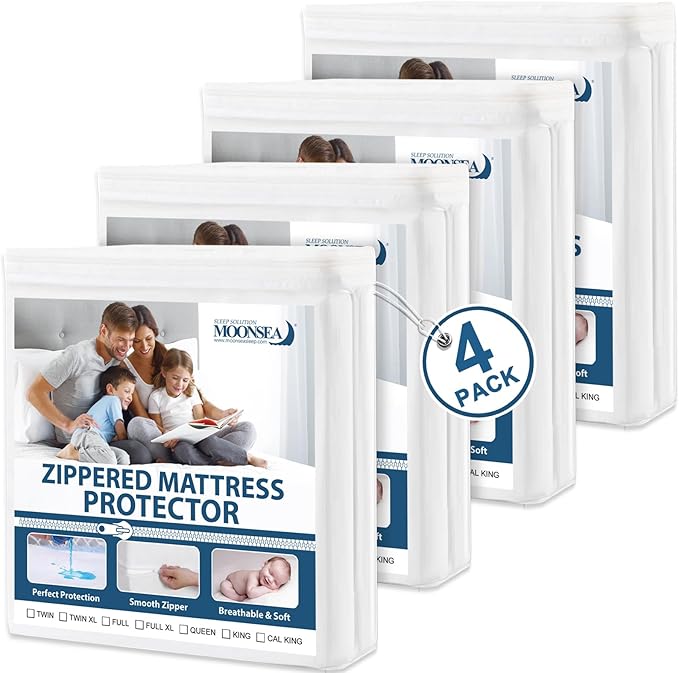 Twin Mattress Protector Waterproof 4 Pack Zippered, 6-Side Waterproof Mattress Protector, Twin Mattress Cover, Box Spring Encasement
