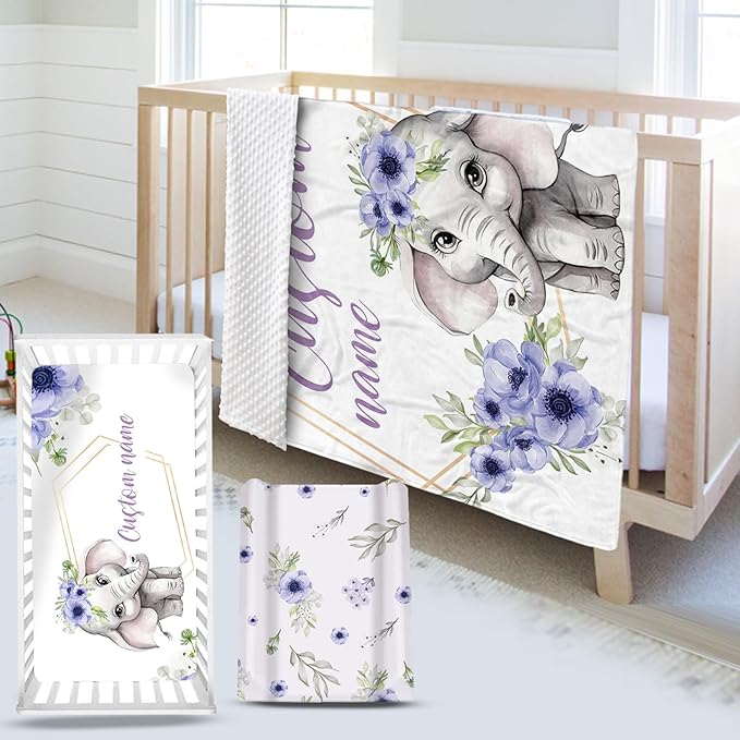 Custom Name Crib Bedding Set 3-Piece – Purple Flower Elephant Design Baby Bedding Set with Personalized Soft Blanket, Fitted Sheet, Changing Pad Cover – Ideal Newborn Gift for Boys and Girls