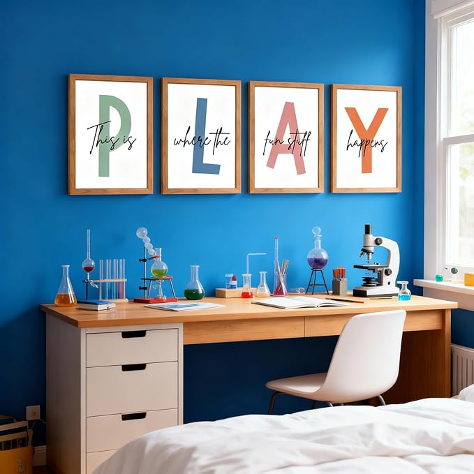 Cute Alphabet Play Framed Wall Art Set of 4, Natural Educational Alphabet Wooden Sign for Baby Girl Kid Boy Toddlers, Neutral Boho Preschool English Letters Nursery Decor for Homeschool Playroom