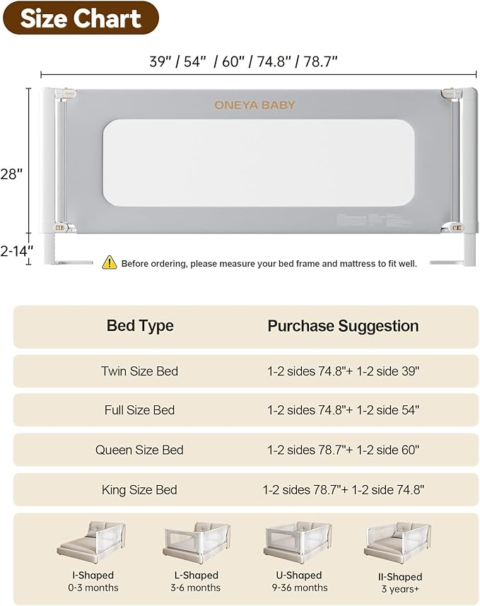 Bed Rail for Toddlers, Thickened & Reinforced Bedrails for Queen with Double Child Lock, Upgraded Toddler Bed Rails with Height Adjustable, Kids Baby Bed Rail Guard, Grey, 1Side 60" Lx28 H