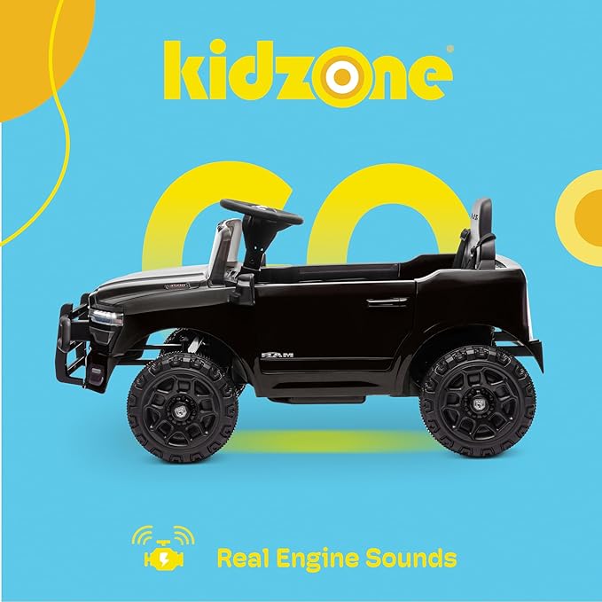 Kidzone Ride On Truck for Kids, Licensed RAM 3500 12V Battery Powered Electric Car Toy with Remote Control, LED Lights, Bluetooth Music & Rear Suspension - Black