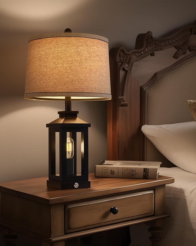 G-SAFAVA 23.75" Retro Farmhouse Black Table Lamp for Living Room Bedroom Nightstand Single Pack Touch Control Bedside Nightlight Vintage Modern Lamp with USB C+A Ports and 2 Light Sources