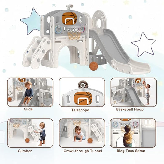 XJD 8 in 1 Toddler Slide Set, Kids Slide for Toddlers Age 1+, Toddler Climber Slide PlaySet with Basketball Hoop and Ball,Outdoor Indoor Playground for Toddlers 1-3 (Beige Grey, 8 in 1)