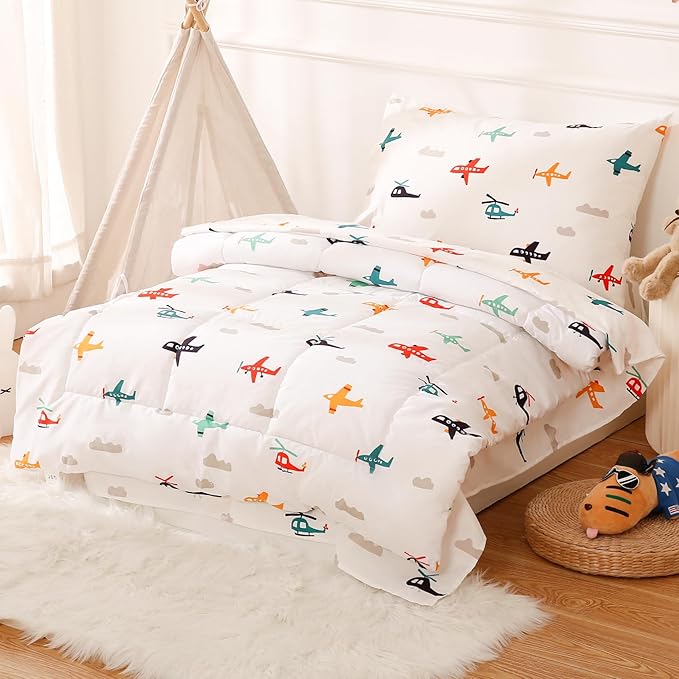 JSD Airplane Toddler Bedding Set, 4 Piece Bed-in-a-Bag Toddler Comforter Sheet Set, Machine Washable