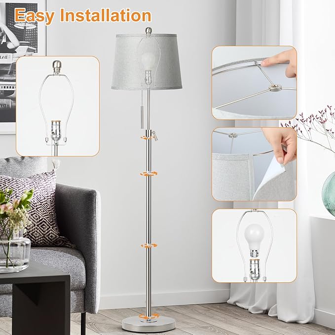 JUNNAI Floor Lamp for Living Room,Adjustable Height Standing Lamp,Dimmable Modern Floor Lamps for Bedroom Office Tall Floor Lights with Pull Chain Bulb Included-Silver Gray Shade