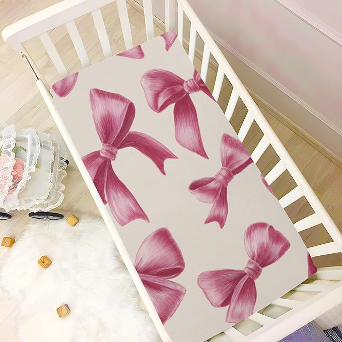 Deep Pink Ribbon Bows Crib Sheets Standard Crib Toddler Mattresses Cover Fitted Baby Bed Sheet Breathable Crib Mattress Sheet for Girls Boys 39''x27''x9''