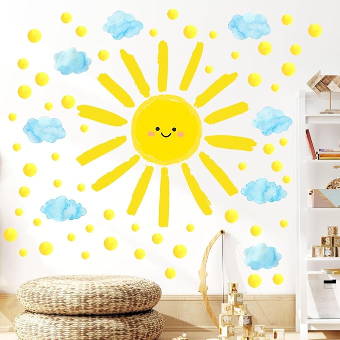 Eutecado Sun Wall Decals Watercolor Cloud Wall Stickers for Kids Room, 12 Sheets Large Sun Cloud Wall Decor Posters Polka Dots Wall Stickers Home Decorations for Girls Room Bedroom Play Room