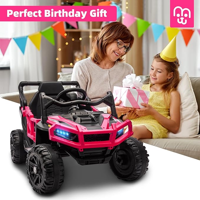 12V Kids Ride on Truck Car with Remote Control, Electric Off-Road UTV for Toddlers, Bluetooth Music, Suspension System Safety Belt, Electric Vehicles Gift for Boys & Girls-Rosy