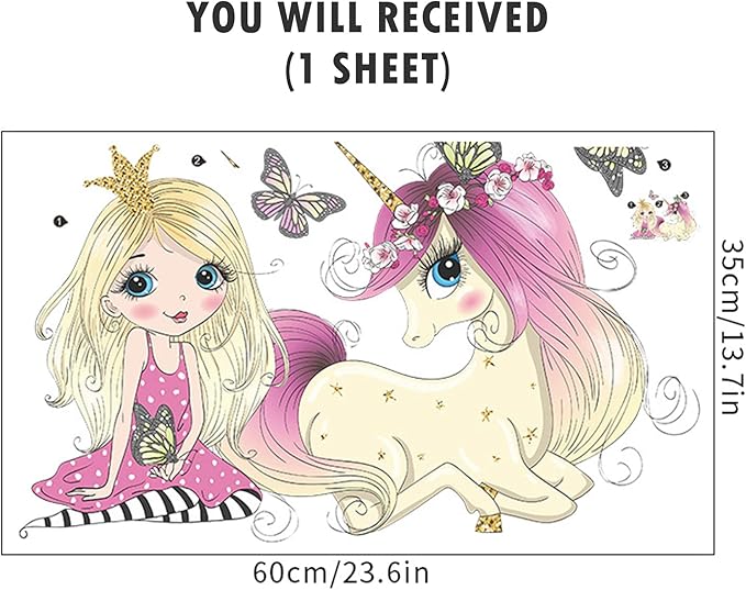 ROFARSO Colorful Cute Lovely Little Princess With Unicorn Butterfly Wall Stickers for Kids Peel and Stick Removable Wall Decals DIY Decorations Decor for Nursery Baby Girl Bedroom Playroom Living Room