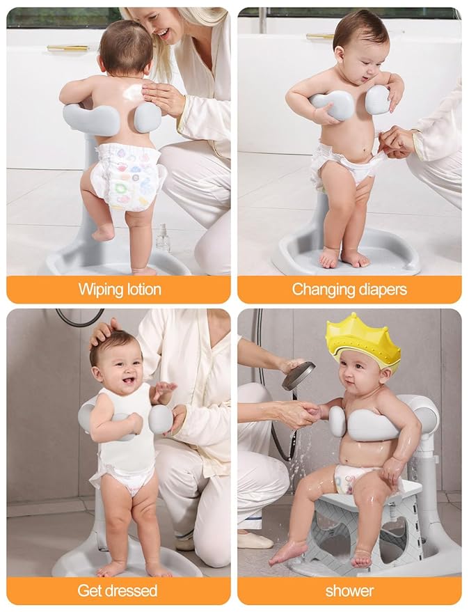 (3 in 1) Baby Shower Stand, Adjustable Baby Bath Stand with Safety Handle,Shower Head Holder for Babies 6-36 Months Baby & Toddlers,Bath Essentials for Infants（Gray White）