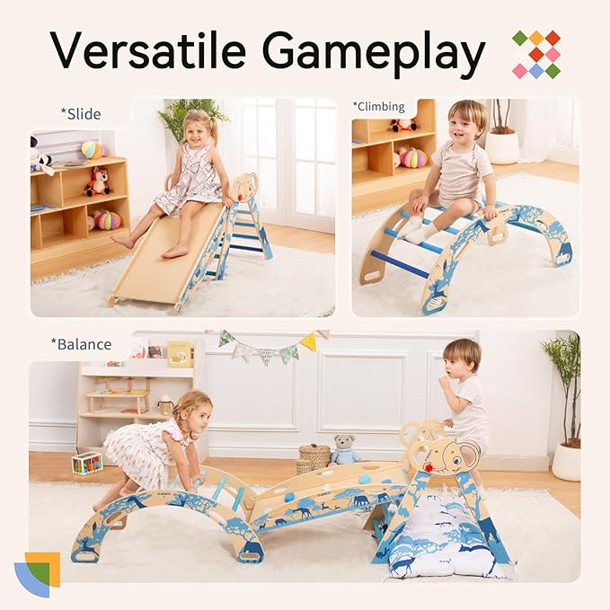 wingyz 8-in-1 Pikler Triangle Set-Foldable Baby Climbing Toys with Cushion,Arch, Ramp & Ladder | Montessori Toddler Climber Indoor Jungle Gym for Kids (Blue)