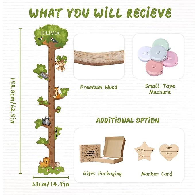 Woodemon Personalized Name Growth Chart for Kids – Wooden Tree Wall Height Chart, Children's Height Measurement Ruler 62.5" x 14.9"