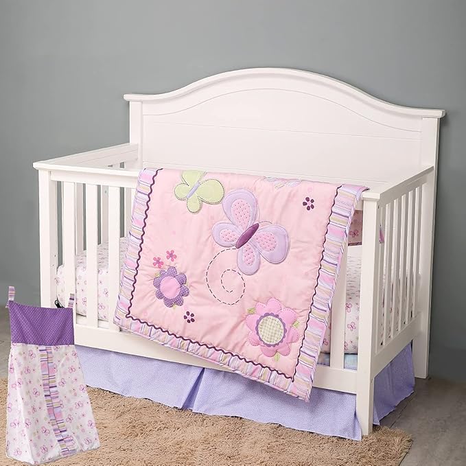 Butterfly Nursery Crib Beding Set for Girls Pink Purple -6 PCs Embroidery Flower Butterfly Baby Girl Bedding Set - Quilt/Fitted Sheet x 2/ Skirt/Diaper Stacker/Blanket 28'' x 52 ''