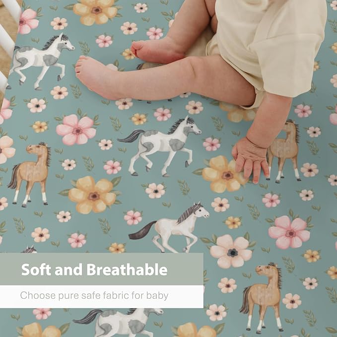 Watercolor Horse Floral Baby Crib Sheets for Boy Girl 52"x28" Running Horses Boho Flowers Soft Snug Fitted Crib Mattress Cover Wild Animals Baby Sheet for Standard Crib & Toddler Bed Mattress Green