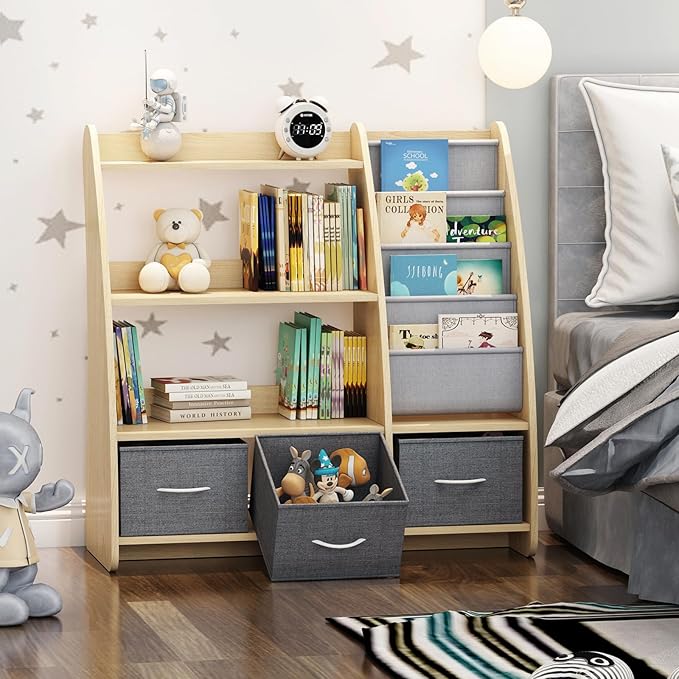 HedoAjim Kids Bookshelf Wood Toy Storage Organizer Cabinet Children Bookcase Toddler Baby Sling Book Rack 3 Cube Bins Sail Boat Arc Shape for Playroom Bedroom Nursery Classroom