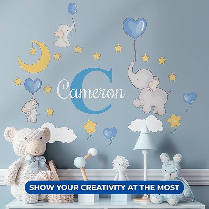 EGD Elephant Wall Decor Stickers for Baby Girl or Boy I Custom Name & Initial for Nursery Wall Decor I Elephant Nursery Decor | Elephants Baby Shower Decorations I Name Decals for Walls