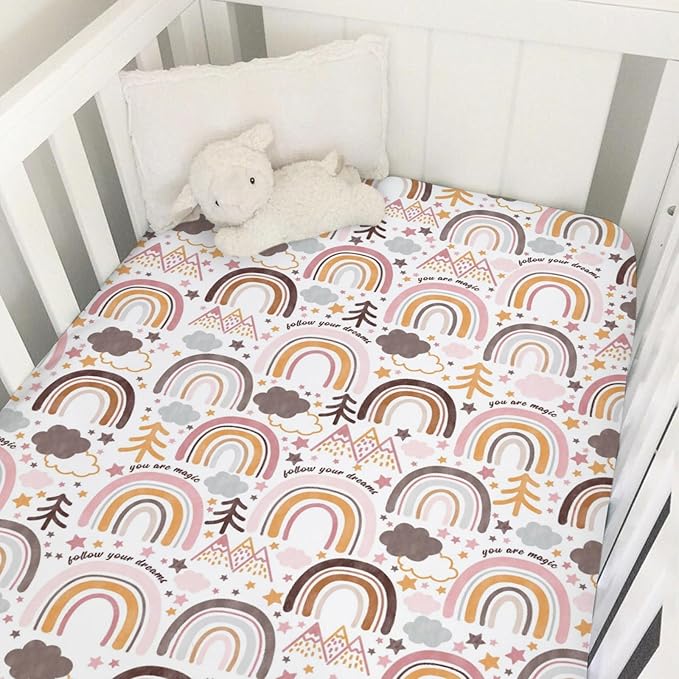 Colorful Boho Rainbow Baby Crib Sheet 52''x28'' Cute Rainbow Mountain Trees Clouds Stars Fitted Crib Mattress Cover for Boy Girl Soft Bed Sheet for Standard Size Crib and Toddler Mattresses